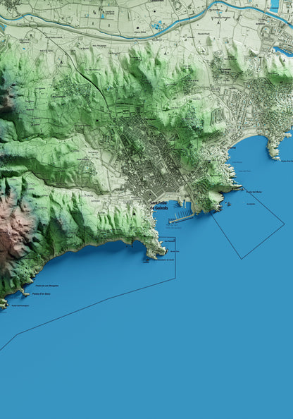 Mapa artístico del relieve de Santa Cristina d'Aro, al Baix Empordà, con 15 km de entorno y base topográfica ICGC. Detalle de la zona inferior derecha.