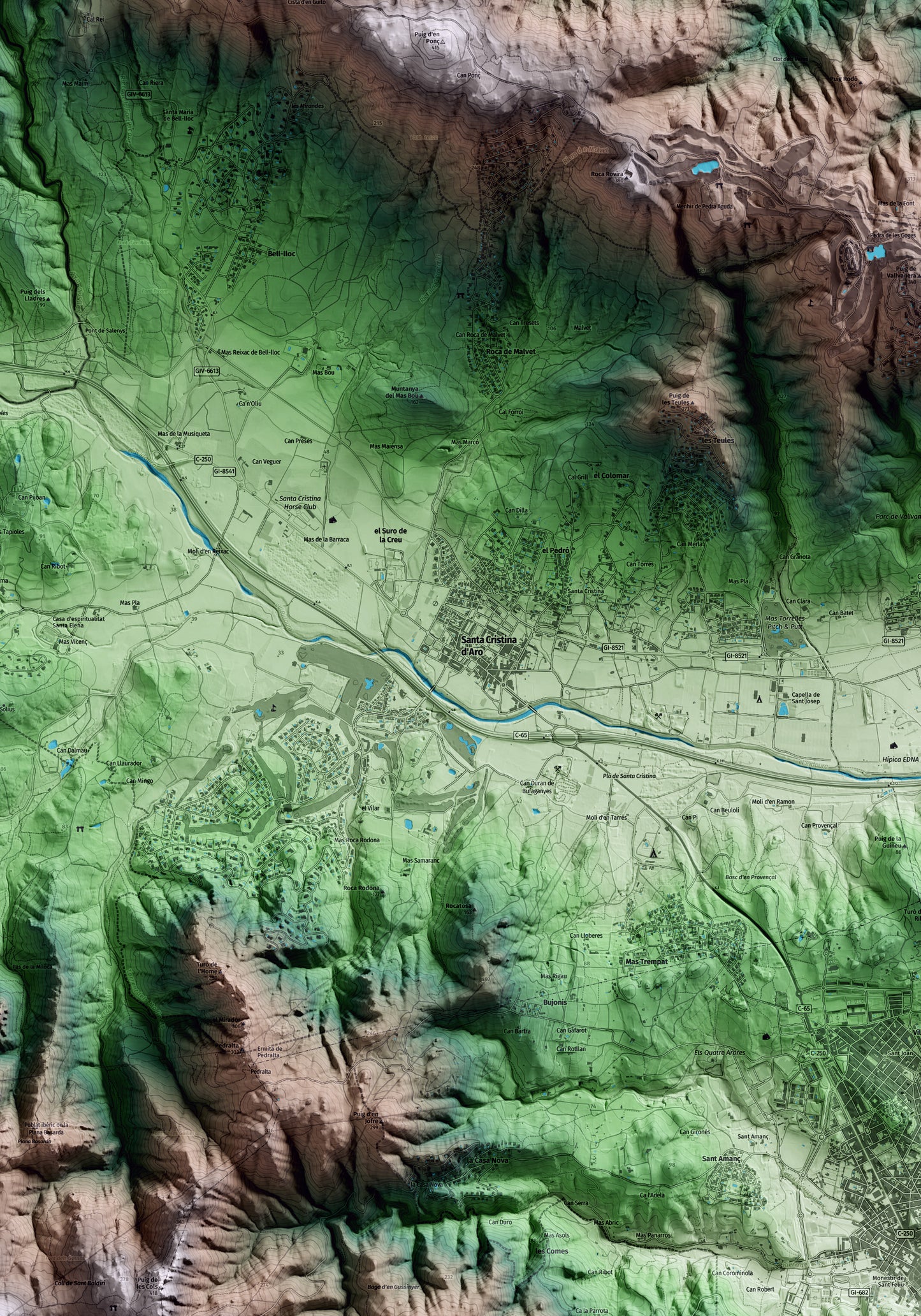 Mapa artístico del relieve de Santa Cristina d'Aro, al Baix Empordà, con 15 km de entorno y base topográfica ICGC. Detalle de la zona central.