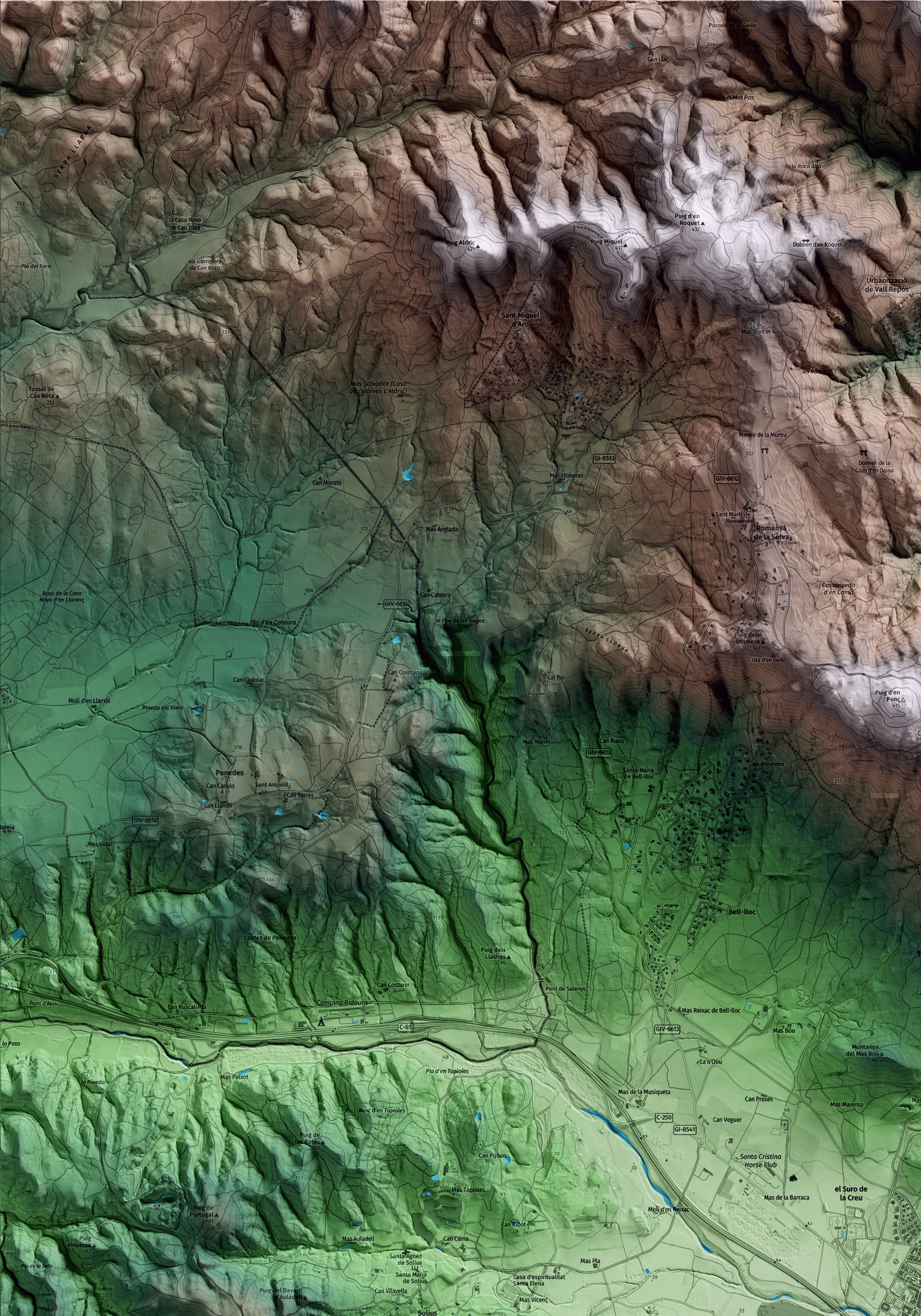 Mapa artístico del relieve de Santa Cristina d'Aro, al Baix Empordà, con 15 km de entorno y base topográfica ICGC. Detalle de la zona superior izquierda.