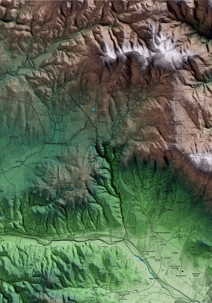 Mapa artístico del relieve de Santa Cristina d'Aro, al Baix Empordà, con 15 km de entorno y base topográfica ICGC. Detalle de la zona superior izquierda.