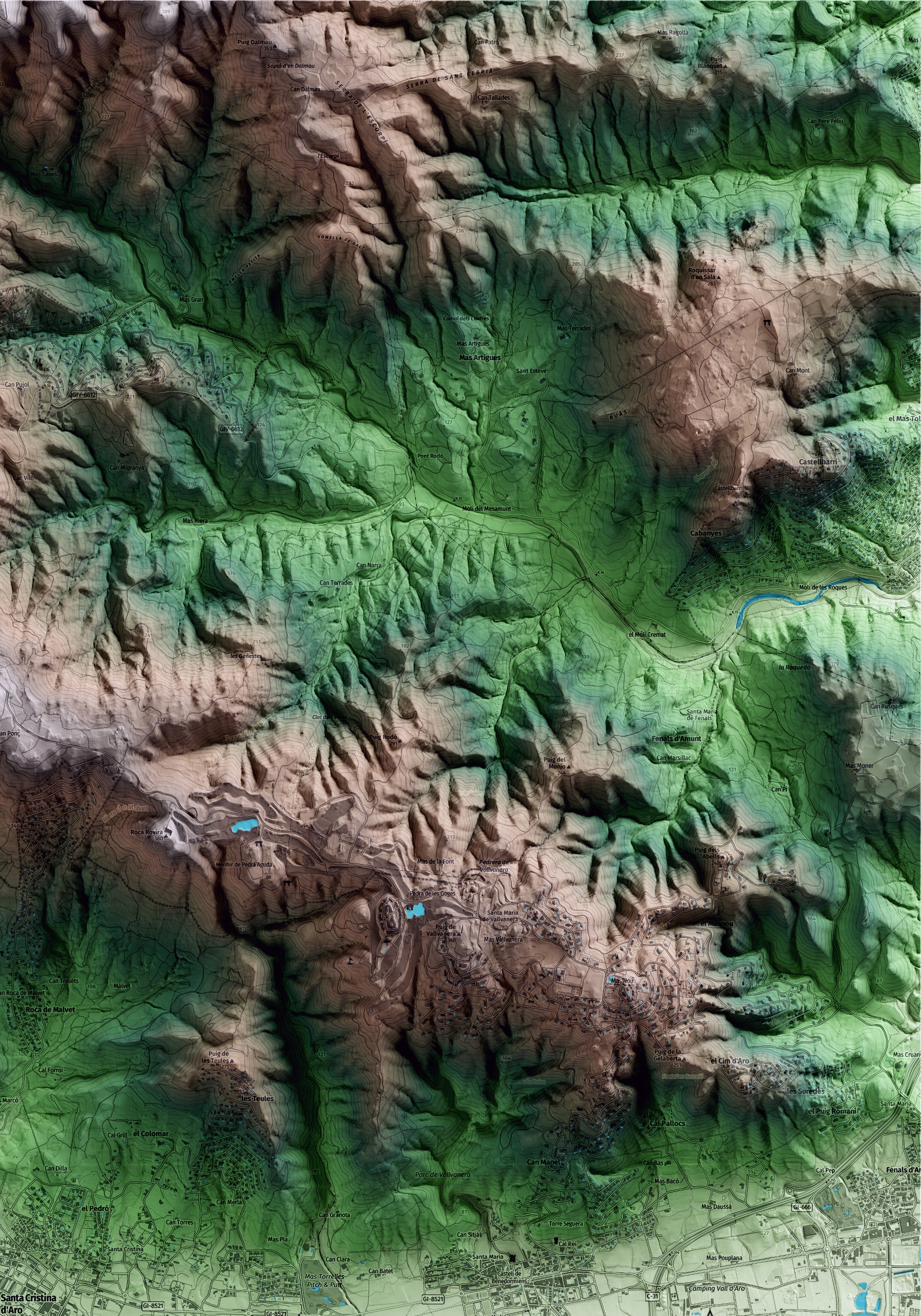 Mapa artístico del relieve de Santa Cristina d'Aro, al Baix Empordà, con 15 km de entorno y base topográfica ICGC. Detalle de la zona superior derecha.