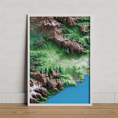 Mapa artístico del relieve de Santa Cristina d'Aro, al Baix Empordà, con 15 km de entorno y base topográfica ICGC. Presentación enmarcada.