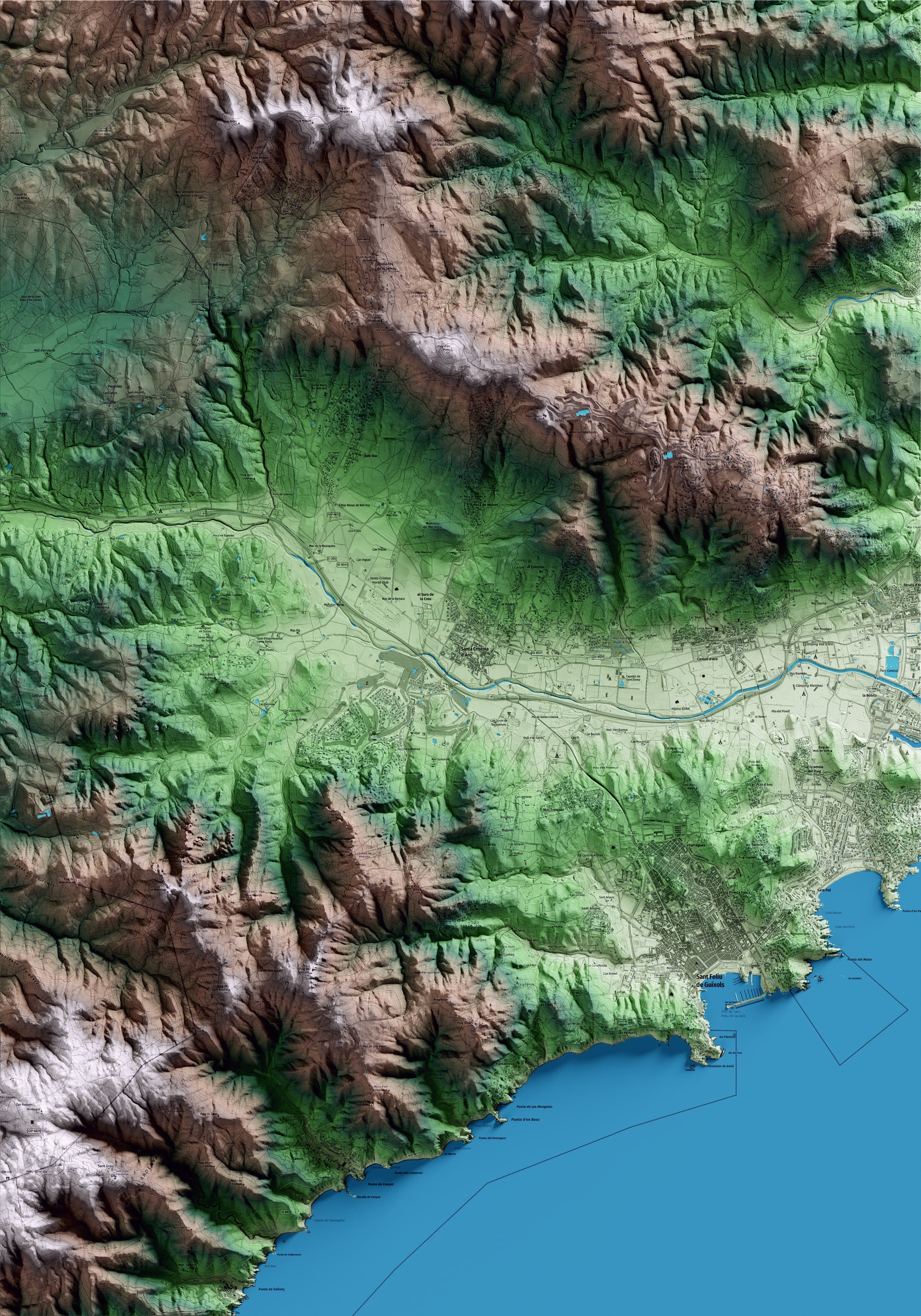 Mapa artístico del relieve de Santa Cristina d'Aro, al Baix Empordà, con 15 km de entorno y base topográfica ICGC