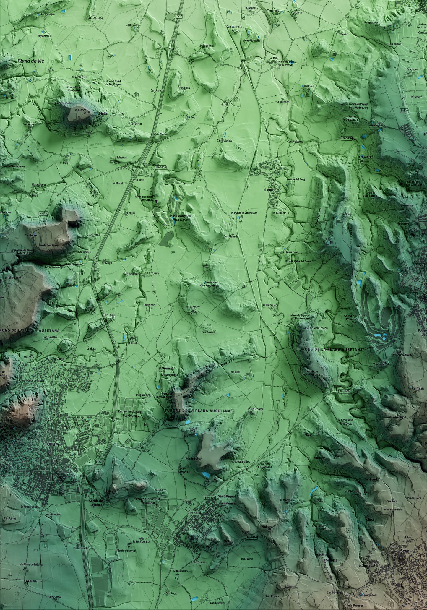 Mapa artístico del relieve de Santa Eugènia de Berga, a Osona, con 15 km de entorno y base topográfica ICGC. Detalle de la zona inferior izquierda.
