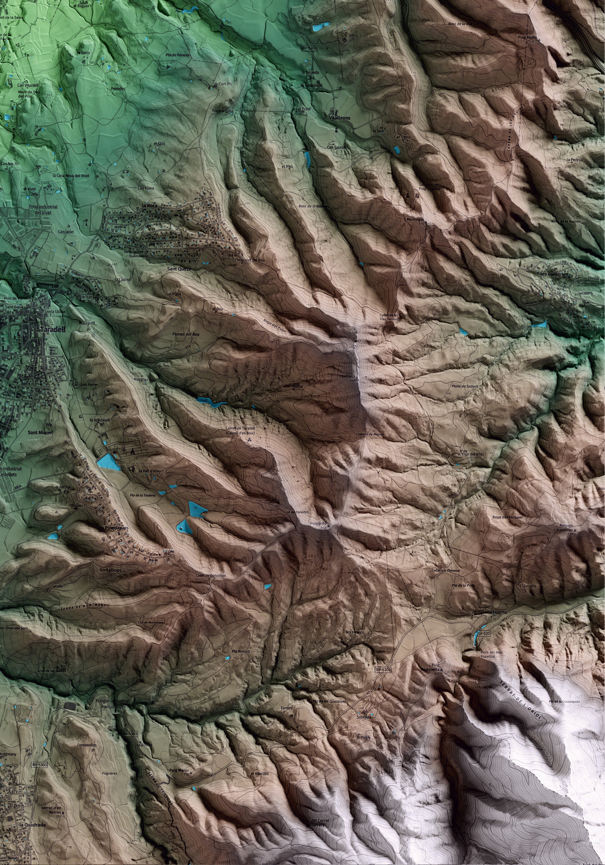 Mapa artístico del relieve de Santa Eugènia de Berga, a Osona, con 15 km de entorno y base topográfica ICGC. Detalle de la zona inferior derecha.