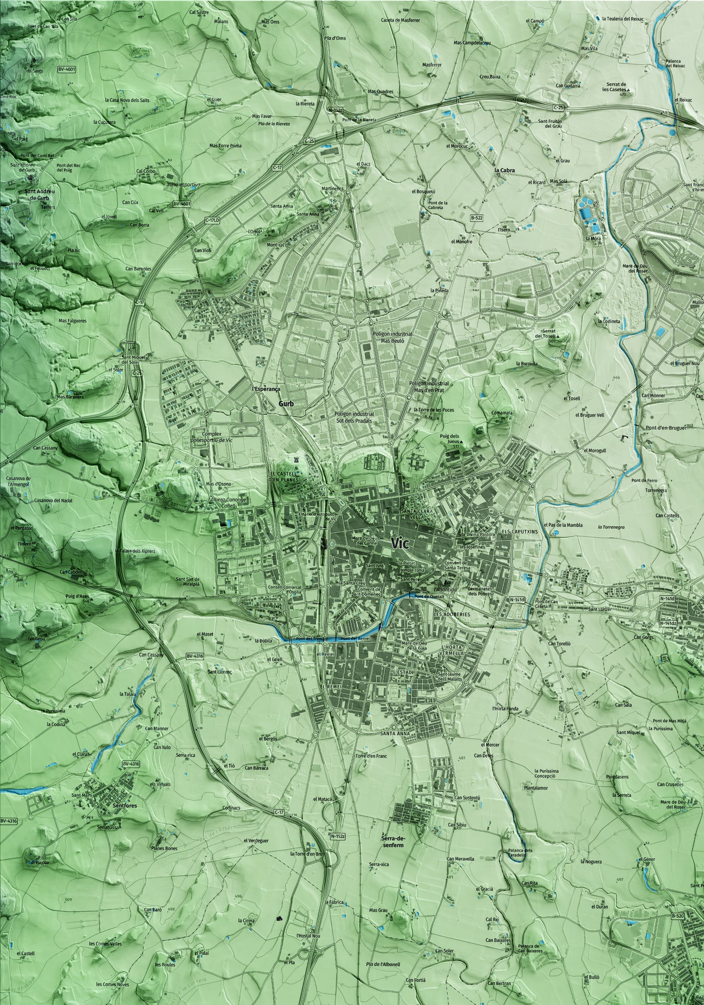 Mapa artístico del relieve de Santa Eugènia de Berga, a Osona, con 15 km de entorno y base topográfica ICGC. Detalle de la zona superior izquierda.