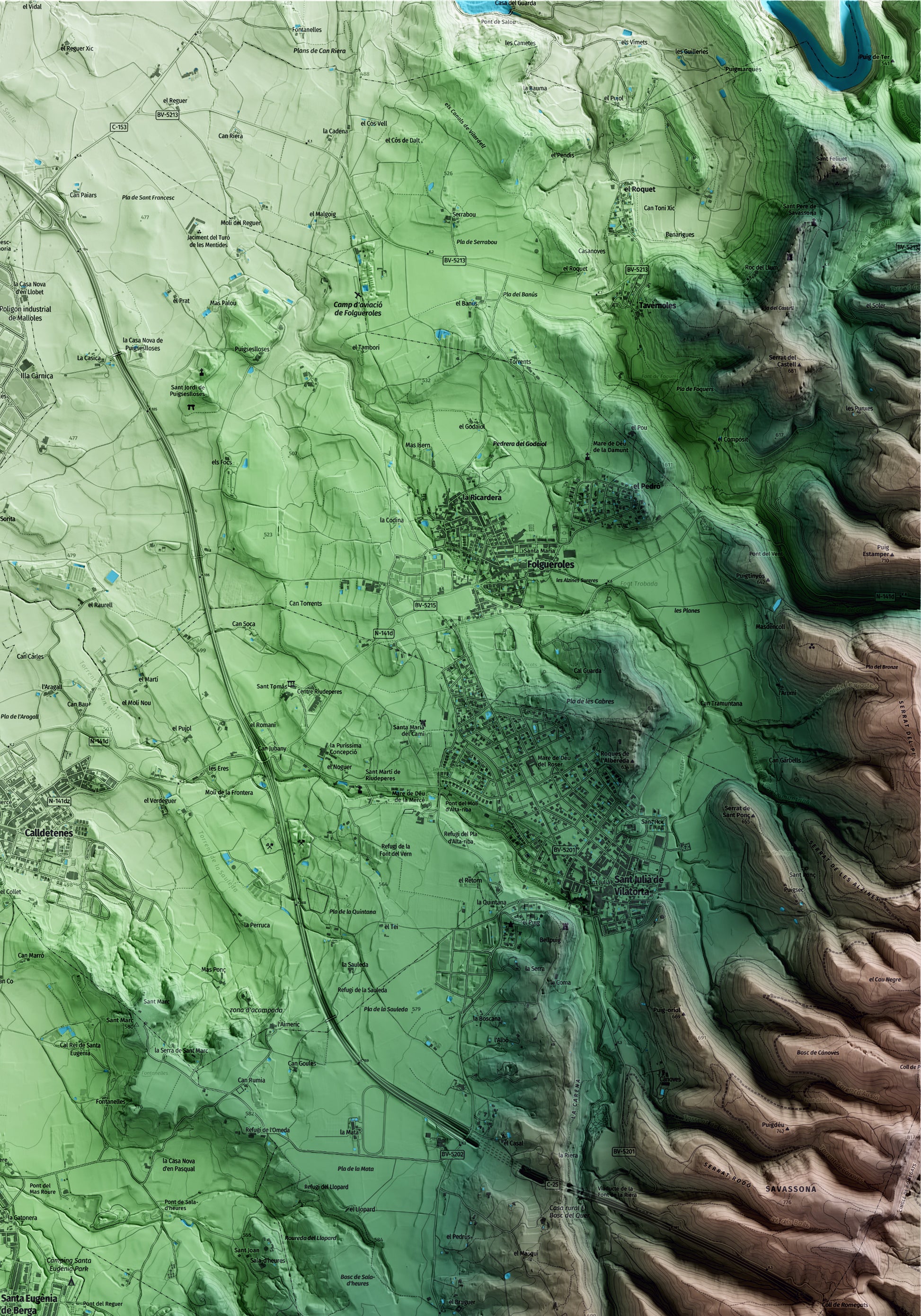 Mapa artístico del relieve de Santa Eugènia de Berga, a Osona, con 15 km de entorno y base topográfica ICGC. Detalle de la zona superior derecha.