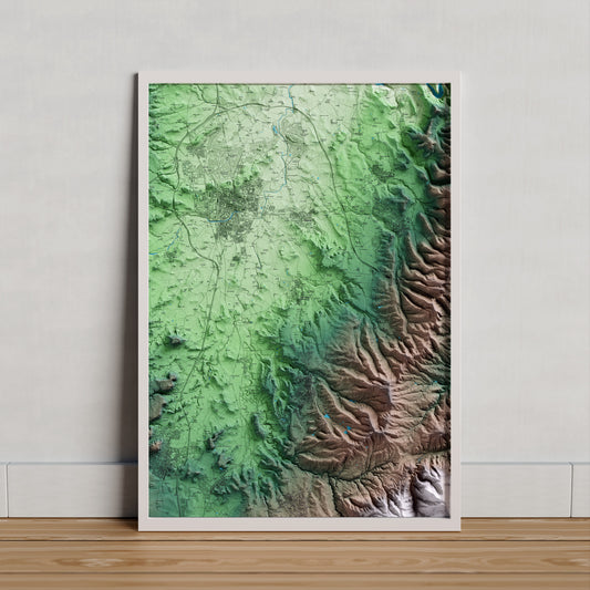 Mapa artístico del relieve de Santa Eugènia de Berga, a Osona, con 15 km de entorno y base topográfica ICGC. Presentación enmarcada.