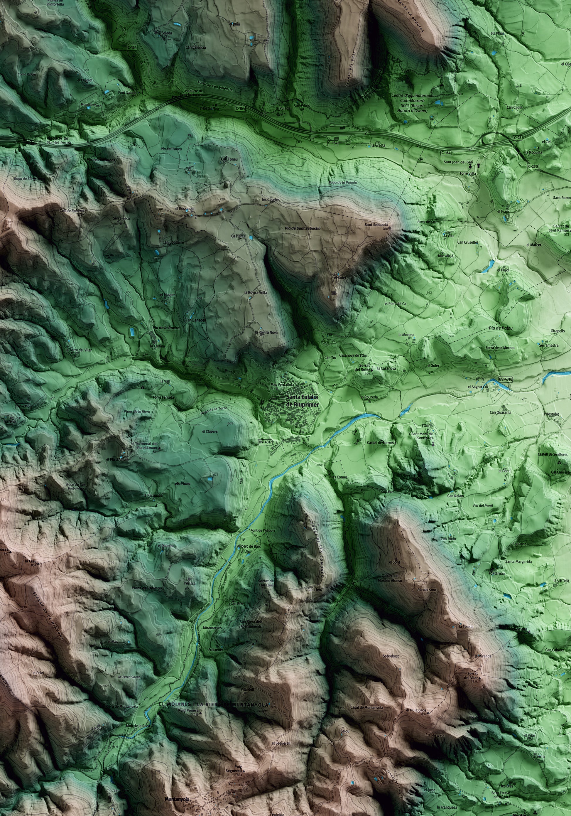 Mapa artístico del relieve de Santa Eulàlia de Riuprimer, a Osona, con 15 km de entorno y base topográfica ICGC. Detalle de la zona central.