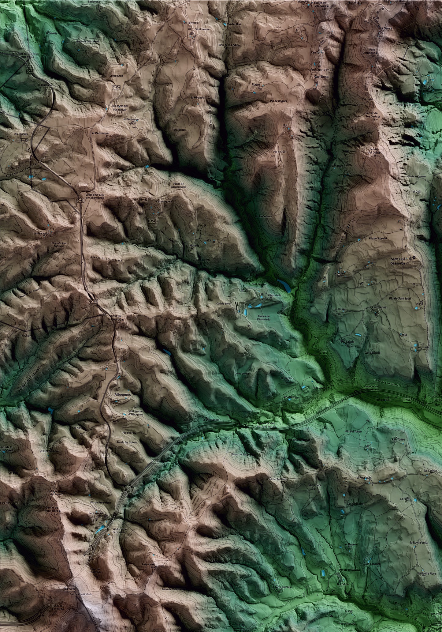 Mapa artístico del relieve de Santa Eulàlia de Riuprimer, a Osona, con 15 km de entorno y base topográfica ICGC. Detalle de la zona superior izquierda.