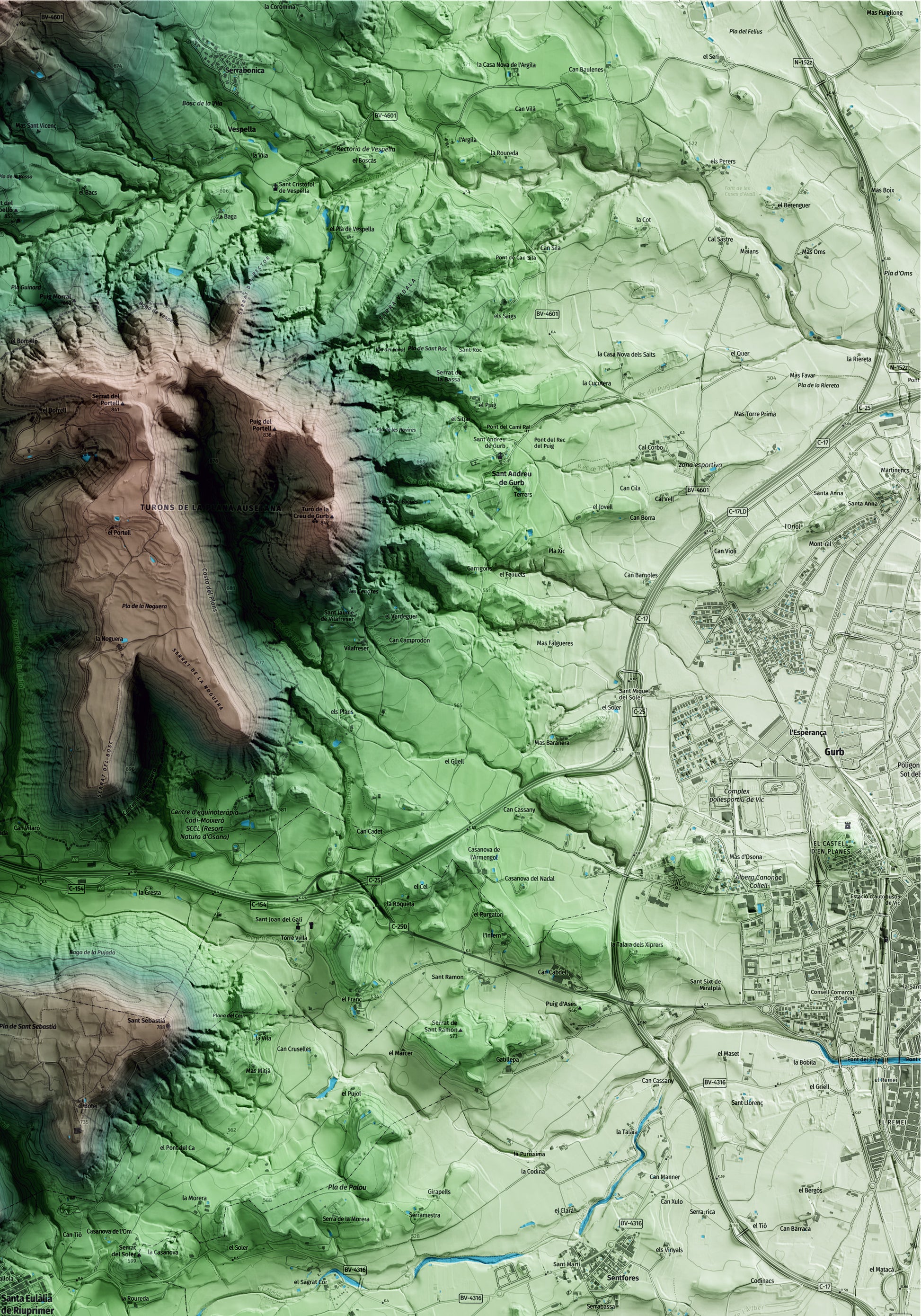 Mapa artístico del relieve de Santa Eulàlia de Riuprimer, a Osona, con 15 km de entorno y base topográfica ICGC. Detalle de la zona superior derecha.