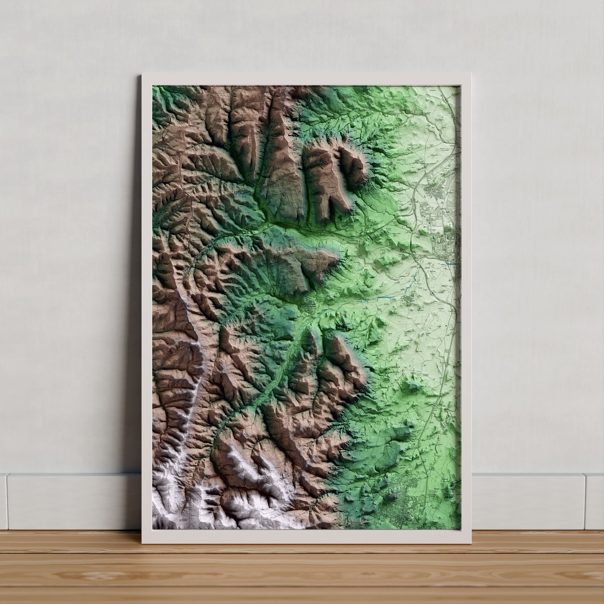 Mapa artístico del relieve de Santa Eulàlia de Riuprimer, a Osona, con 15 km de entorno y base topográfica ICGC. Presentación enmarcada.