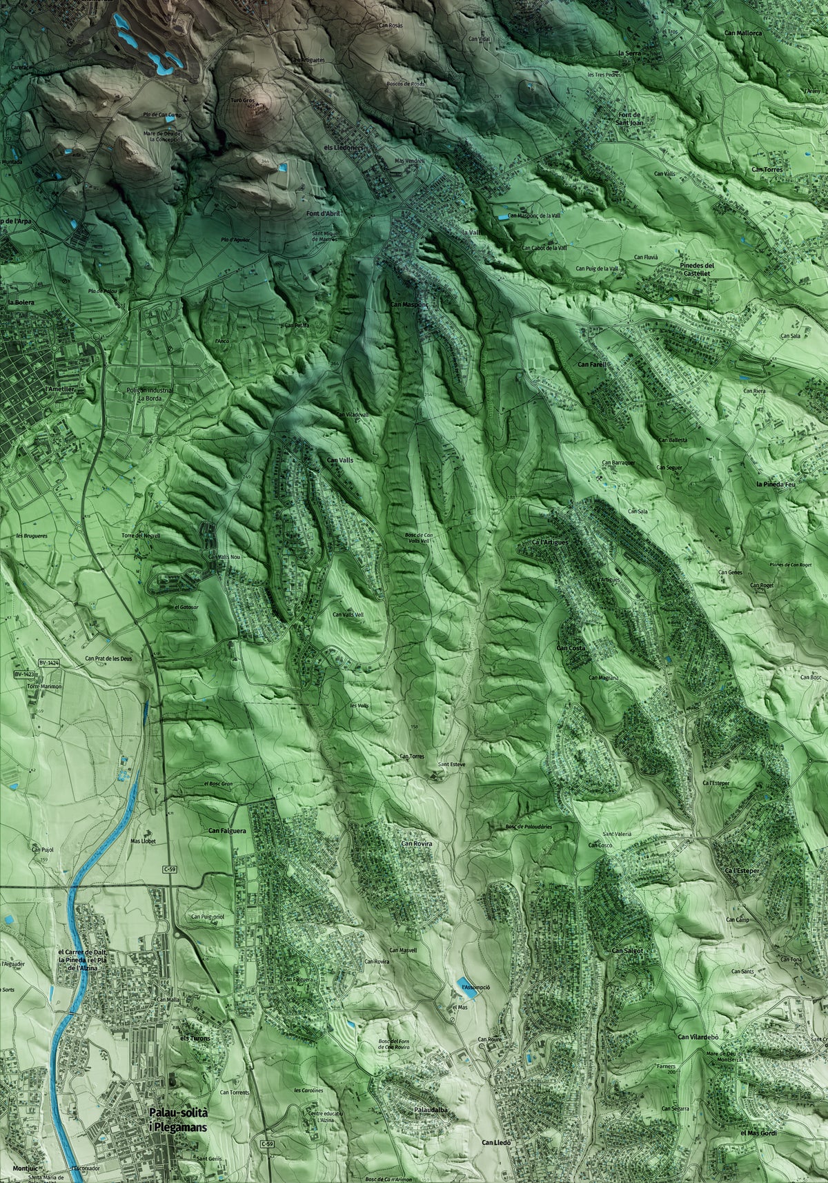 Mapa artístico del relieve de Santa Eulàlia de Ronçana, al Vallès Oriental, con 15 km de entorno y base topográfica ICGC. Detalle de la zona inferior izquierda.