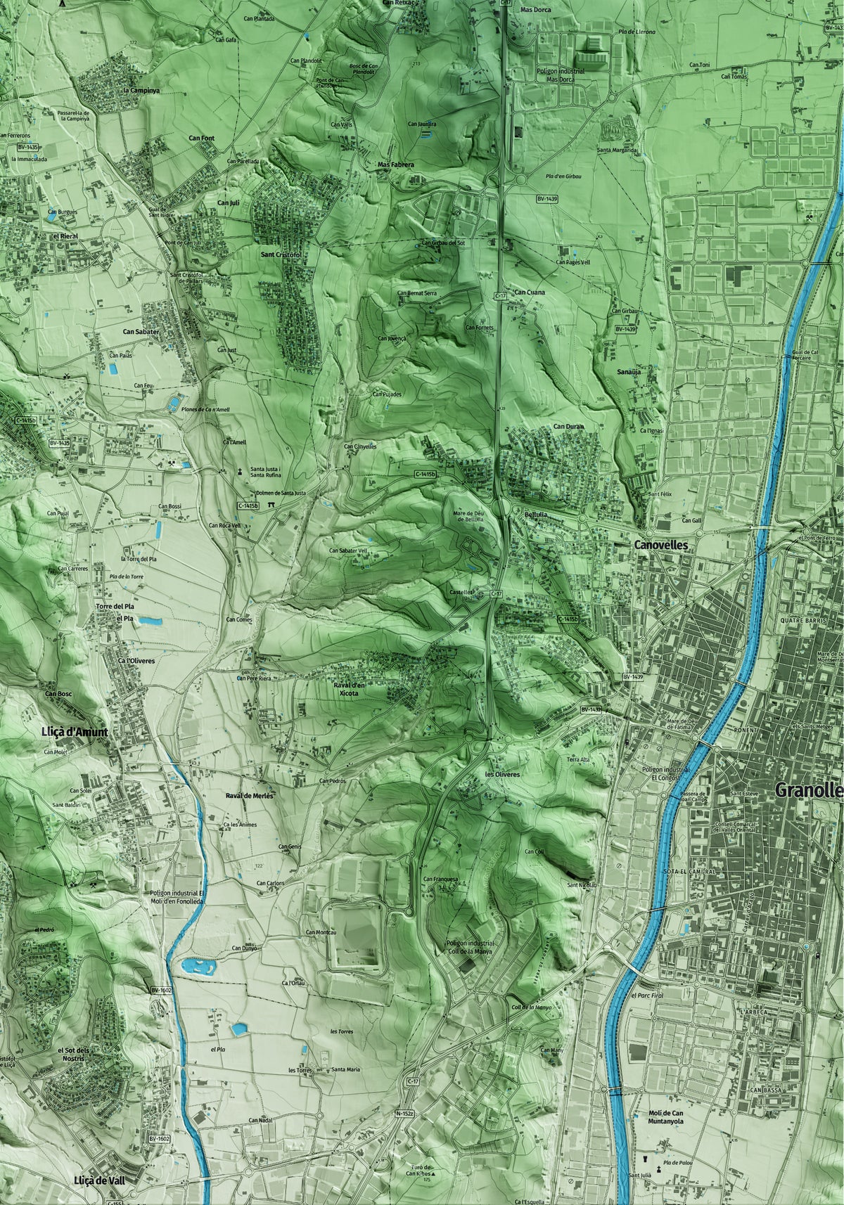 Mapa artístico del relieve de Santa Eulàlia de Ronçana, al Vallès Oriental, con 15 km de entorno y base topográfica ICGC. Detalle de la zona inferior derecha.