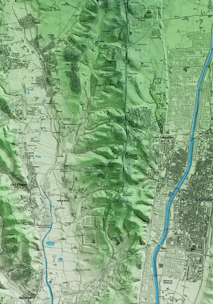Mapa artístico del relieve de Santa Eulàlia de Ronçana, al Vallès Oriental, con 15 km de entorno y base topográfica ICGC. Detalle de la zona inferior derecha.