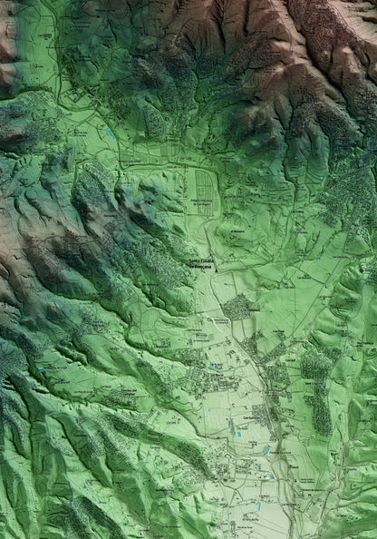 Mapa artístico del relieve de Santa Eulàlia de Ronçana, al Vallès Oriental, con 15 km de entorno y base topográfica ICGC. Detalle de la zona central.