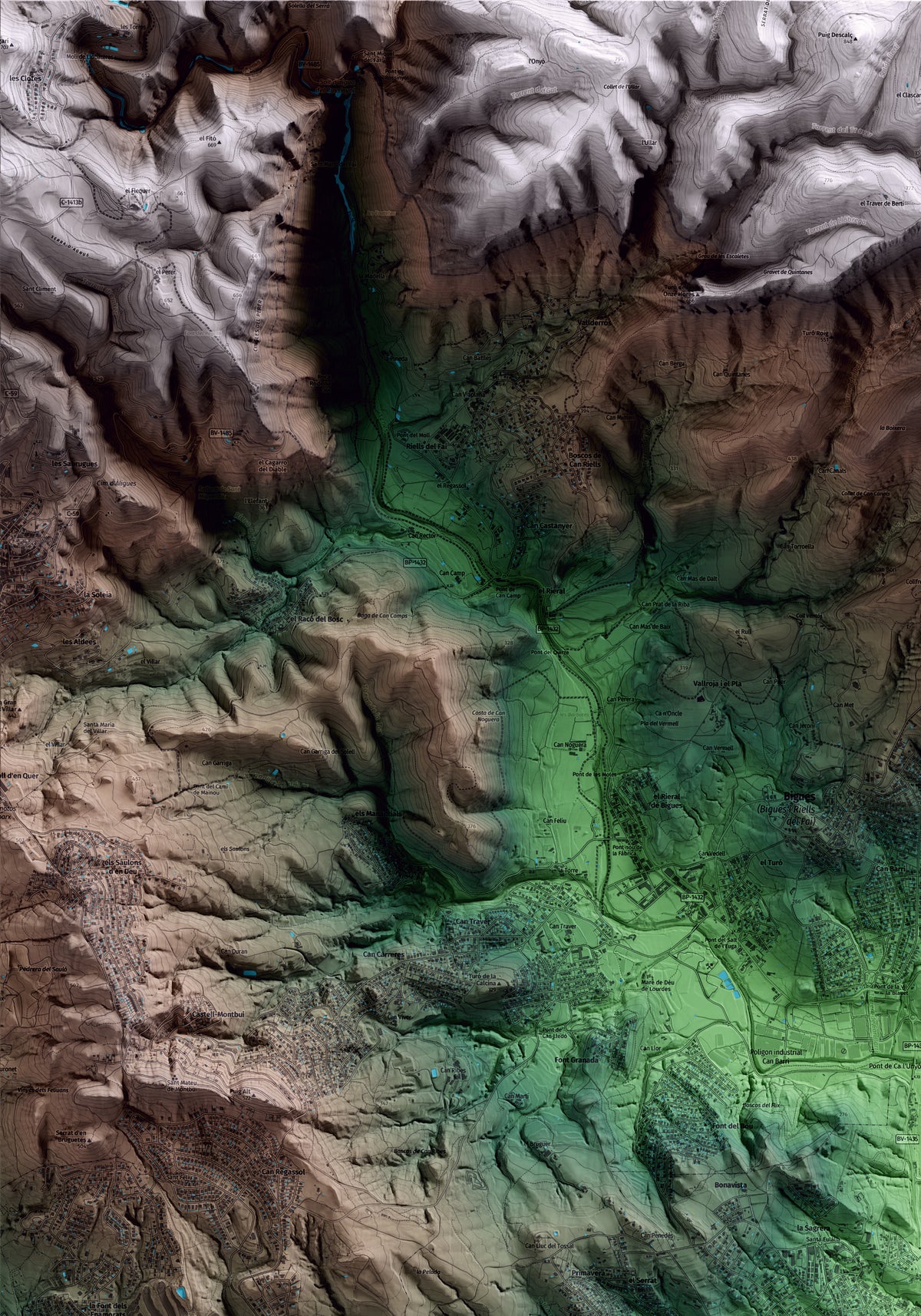Mapa artístico del relieve de Santa Eulàlia de Ronçana, al Vallès Oriental, con 15 km de entorno y base topográfica ICGC. Detalle de la zona superior izquierda.