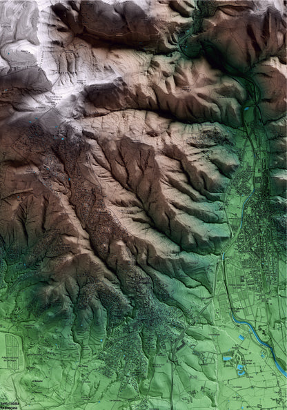 Mapa artístico del relieve de Santa Eulàlia de Ronçana, al Vallès Oriental, con 15 km de entorno y base topográfica ICGC. Detalle de la zona superior derecha.