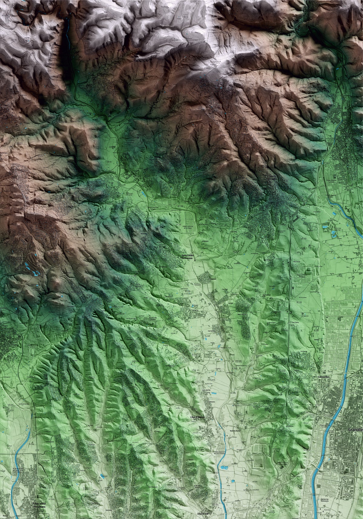 Mapa artístico del relieve de Santa Eulàlia de Ronçana, al Vallès Oriental, con 15 km de entorno y base topográfica ICGC