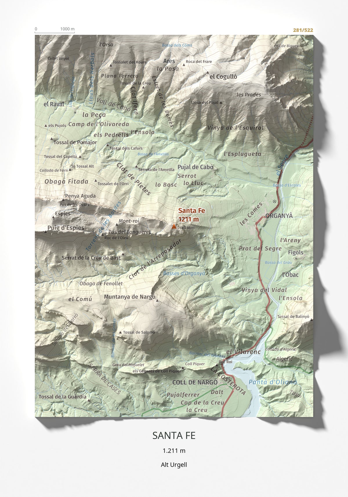 Mapa de relieve de Santa Fe, 1211 m, Alt Urgell, lámina 100 Cims de Trobart 21 × 30 cm.
