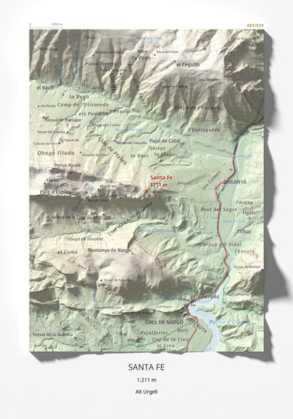 Mapa de relieve de Santa Fe, 1211 m, Alt Urgell, lámina 100 Cims de Trobart 21 × 30 cm.