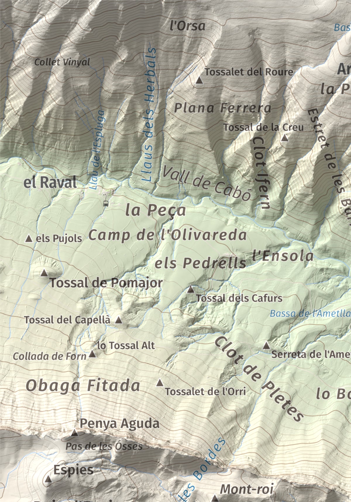 Mapa de relieve de Santa Fe, 1211 m, Alt Urgell, lámina 100 Cims de Trobart. Detalle de la zona superior izquierda. 21 × 30 cm.