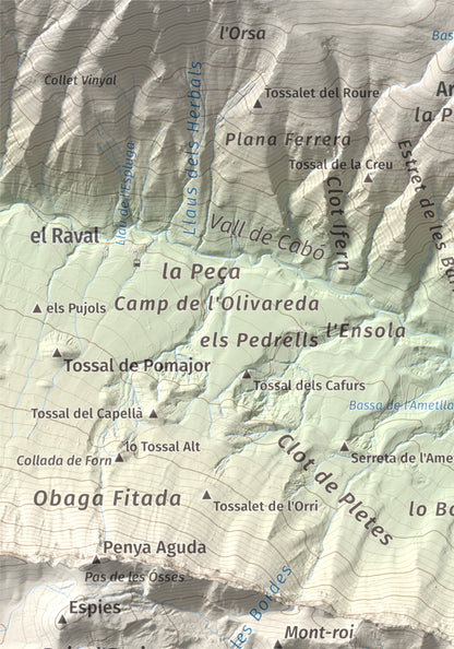 Mapa de relieve de Santa Fe, 1211 m, Alt Urgell, lámina 100 Cims de Trobart. Detalle de la zona superior izquierda. 21 × 30 cm.