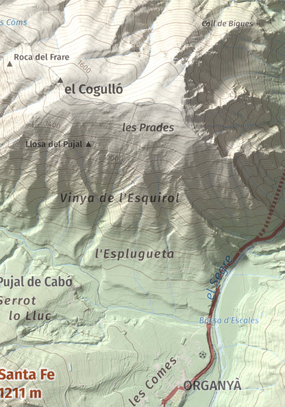 Mapa de relieve de Santa Fe, 1211 m, Alt Urgell, lámina 100 Cims de Trobart. Detalle de la zona superior derecha. 21 × 30 cm.