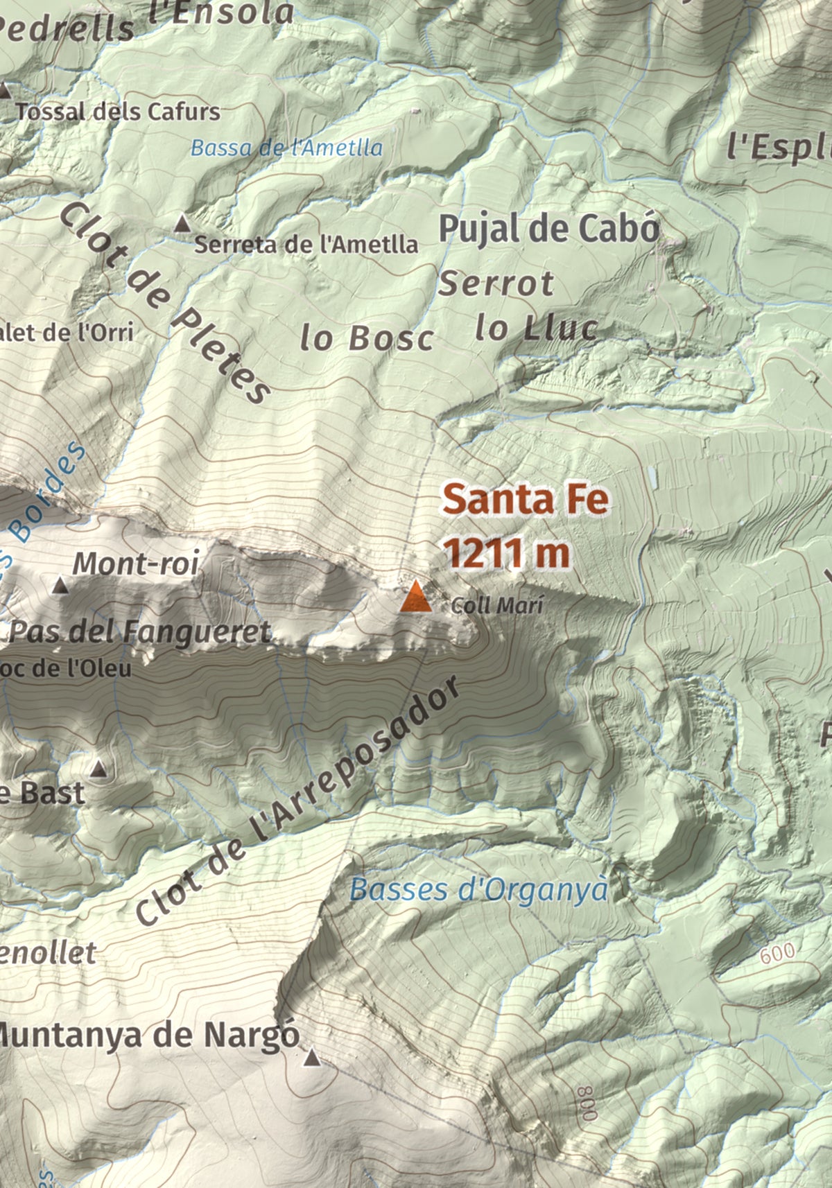 Mapa de relieve de Santa Fe, 1211 m, Alt Urgell, lámina 100 Cims de Trobart. Detalle de la zona central. 21 × 30 cm.