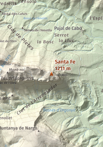 Mapa de relieve de Santa Fe, 1211 m, Alt Urgell, lámina 100 Cims de Trobart. Detalle de la zona central. 21 × 30 cm.