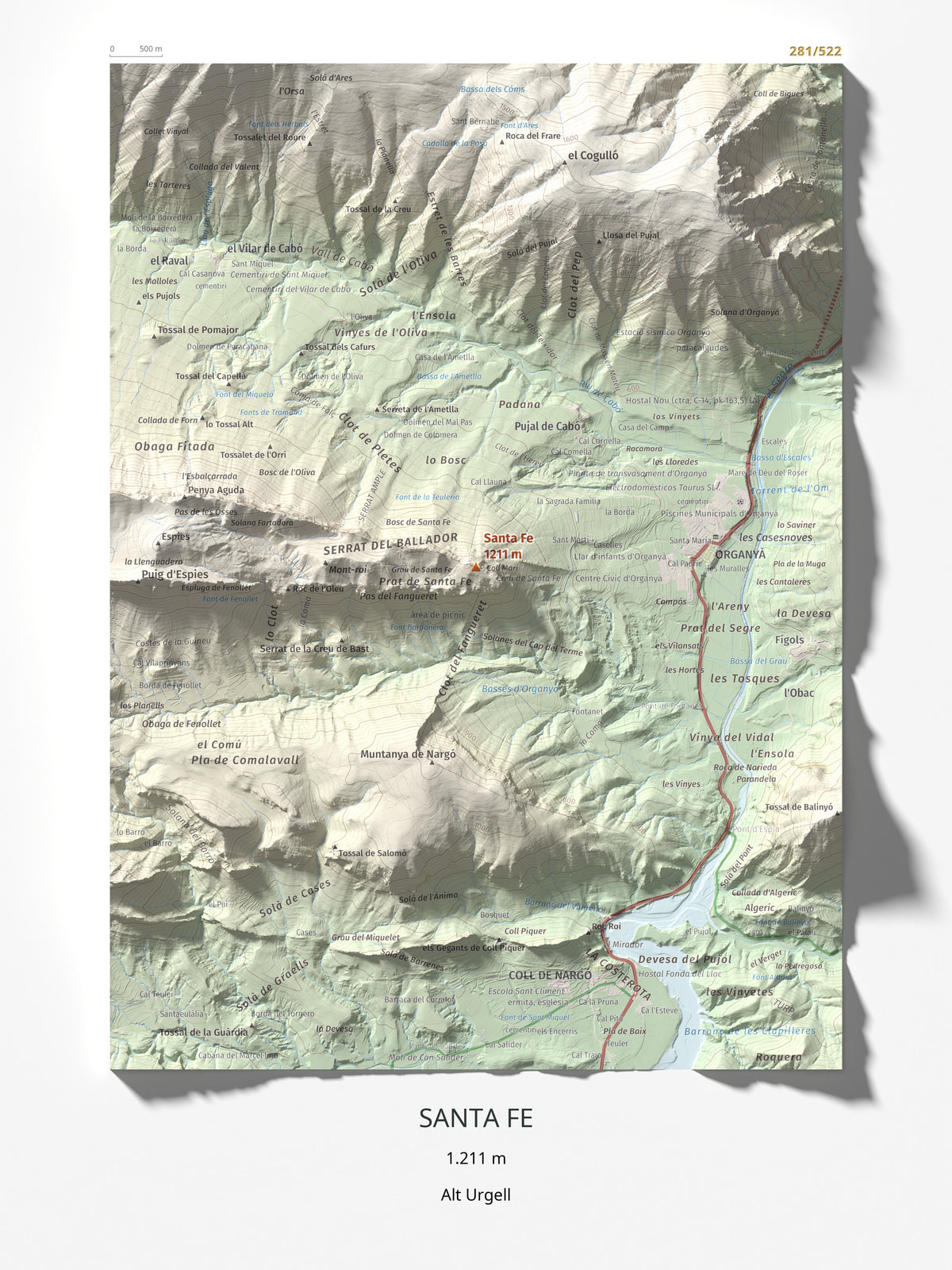 Mapa de relieve de Santa Fe, 1211 m, Alt Urgell, lámina 100 Cims de Trobart 30 × 40 cm.