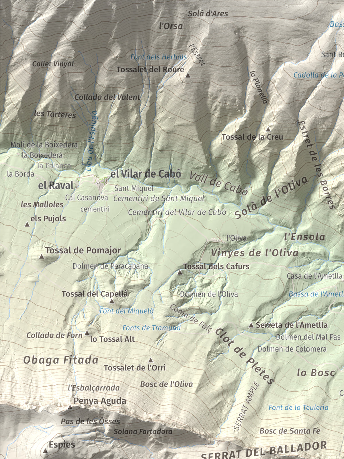 Mapa de relieve de Santa Fe, 1211 m, Alt Urgell, lámina 100 Cims de Trobart. Detalle de la zona superior izquierda. 30 × 40 cm.