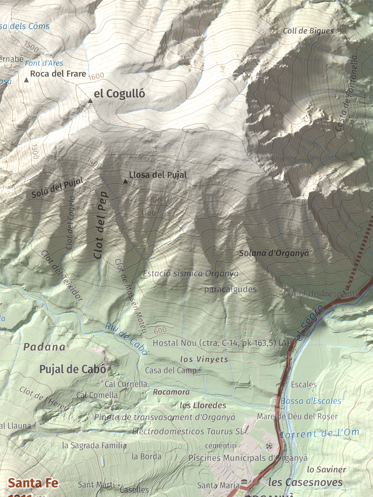 Mapa de relieve de Santa Fe, 1211 m, Alt Urgell, lámina 100 Cims de Trobart. Detalle de la zona superior derecha. 30 × 40 cm.