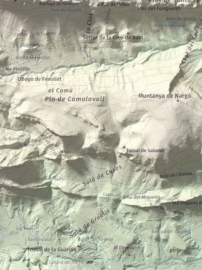 Mapa de relieve de Santa Fe, 1211 m, Alt Urgell, lámina 100 Cims de Trobart. Detalle de la zona inferior izquierda. 30 × 40 cm.