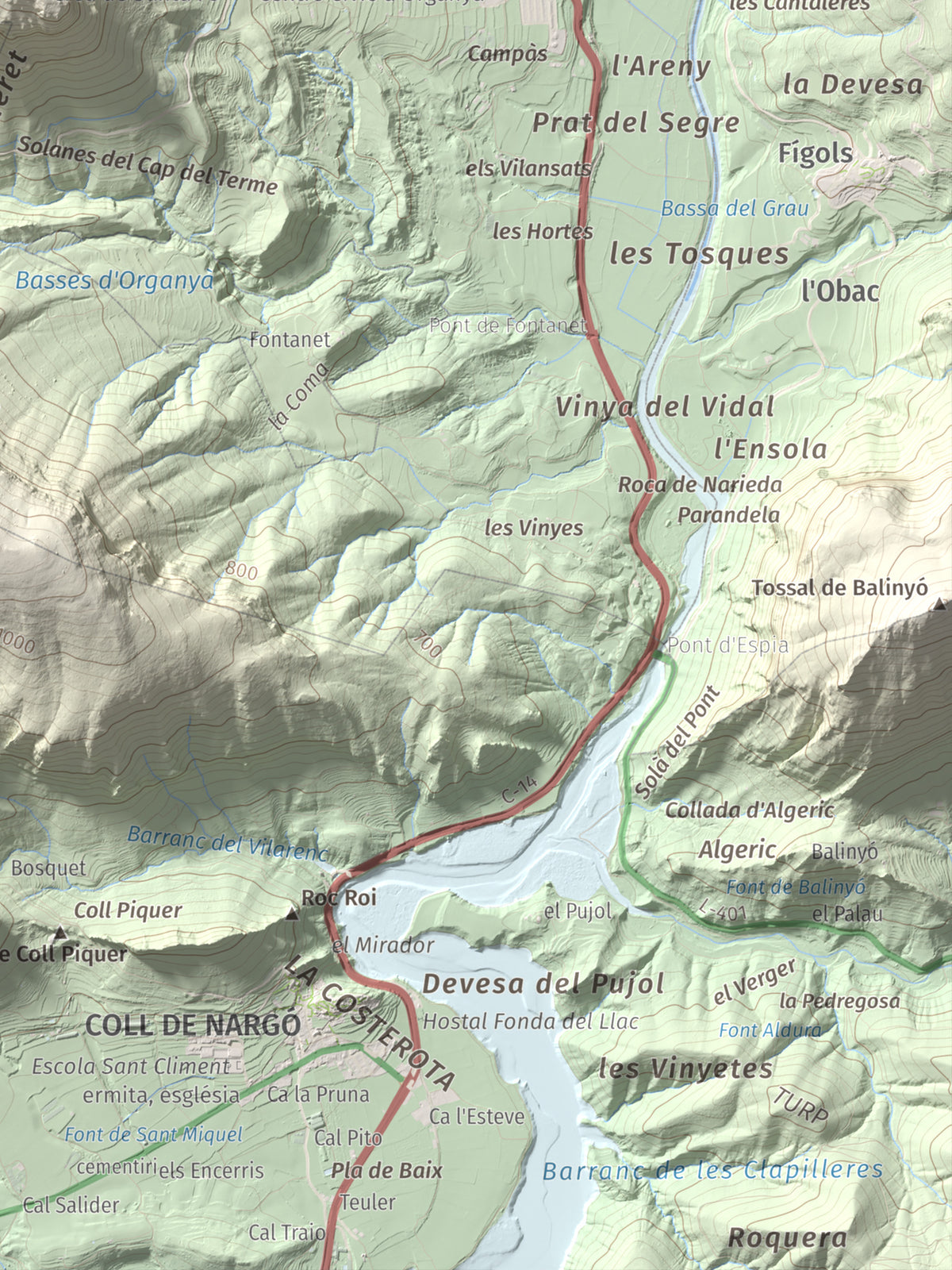 Mapa de relieve de Santa Fe, 1211 m, Alt Urgell, lámina 100 Cims de Trobart. Detalle de la zona inferior derecha. 30 × 40 cm.