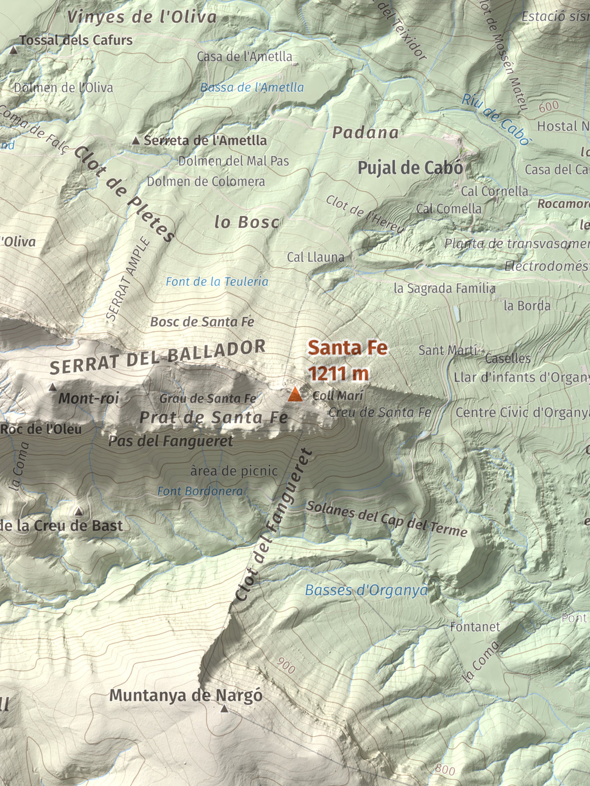 Mapa de relieve de Santa Fe, 1211 m, Alt Urgell, lámina 100 Cims de Trobart. Detalle de la zona central. 30 × 40 cm.