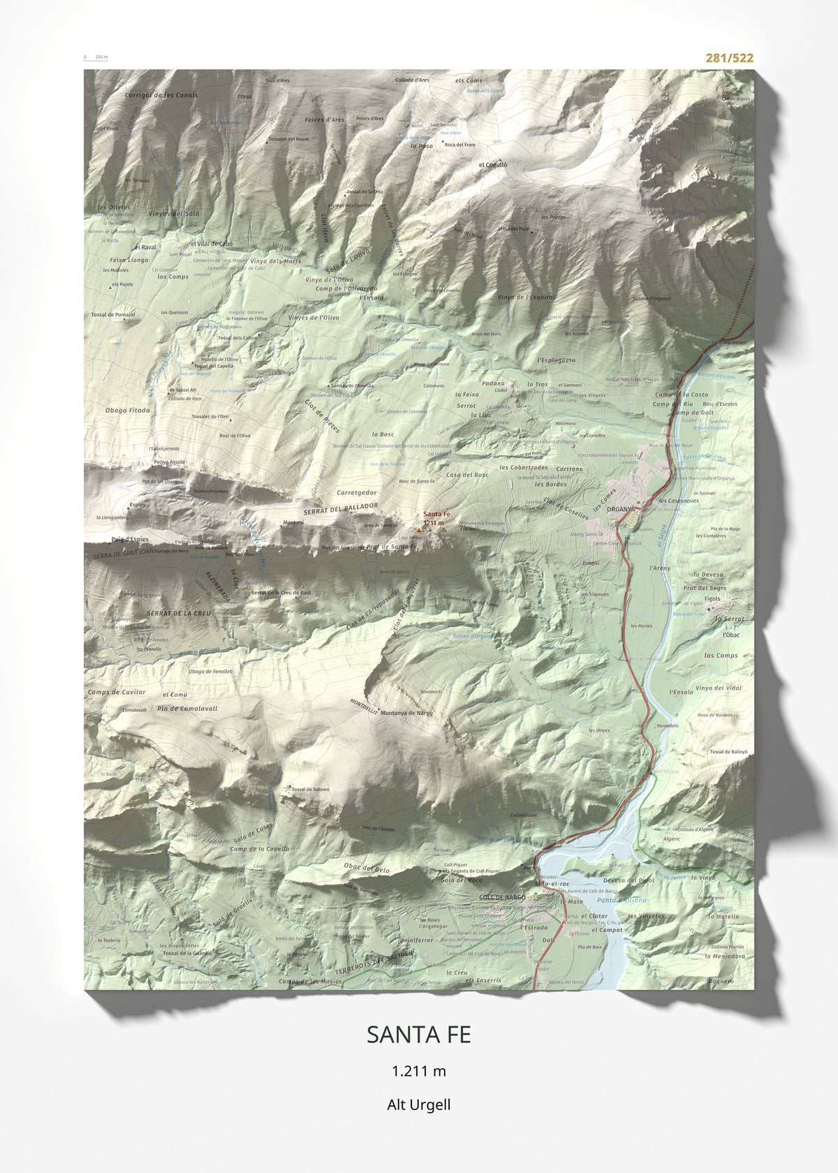 Mapa de relieve de Santa Fe, 1211 m, Alt Urgell, lámina 100 Cims de Trobart 50 × 70 cm.