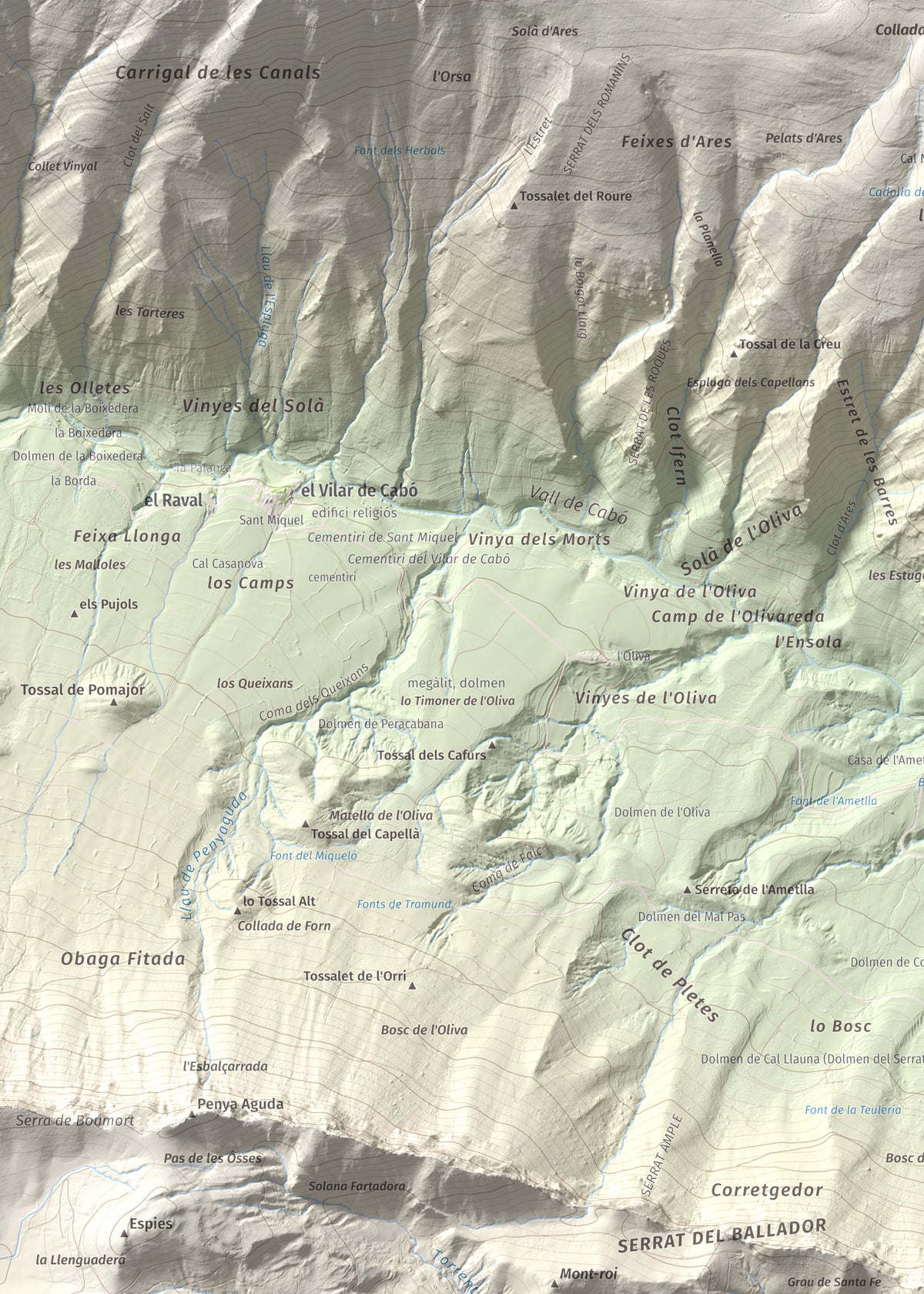 Mapa de relieve de Santa Fe, 1211 m, Alt Urgell, lámina 100 Cims de Trobart. Detalle de la zona superior izquierda. 50 × 70 cm.