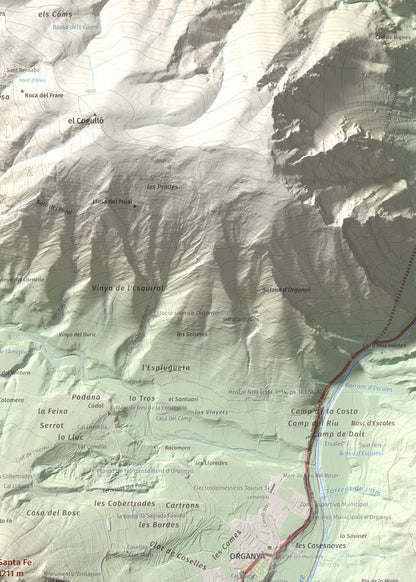 Mapa de relieve de Santa Fe, 1211 m, Alt Urgell, lámina 100 Cims de Trobart. Detalle de la zona superior derecha. 50 × 70 cm.