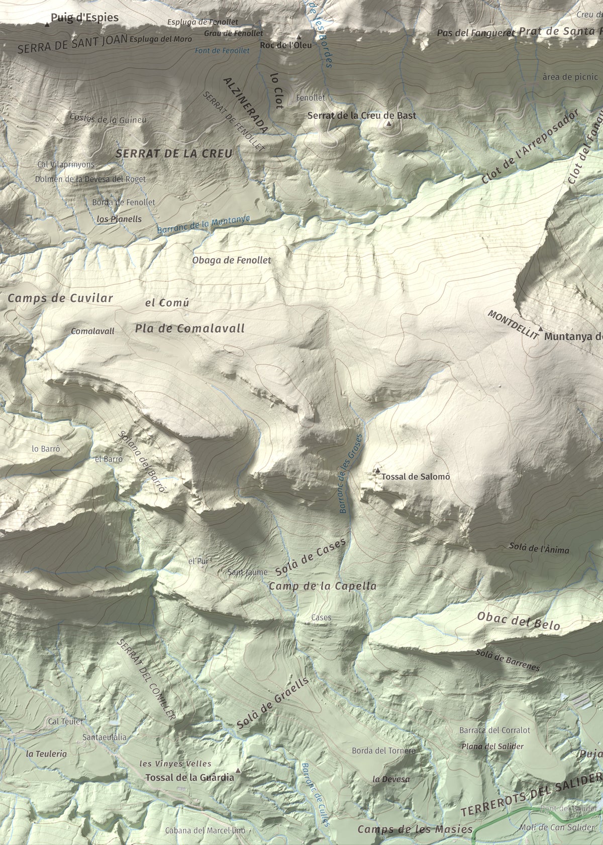 Mapa de relieve de Santa Fe, 1211 m, Alt Urgell, lámina 100 Cims de Trobart. Detalle de la zona inferior izquierda. 50 × 70 cm.