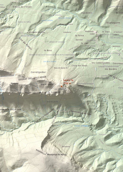 Mapa de relieve de Santa Fe, 1211 m, Alt Urgell, lámina 100 Cims de Trobart. Detalle de la zona central. 50 × 70 cm.