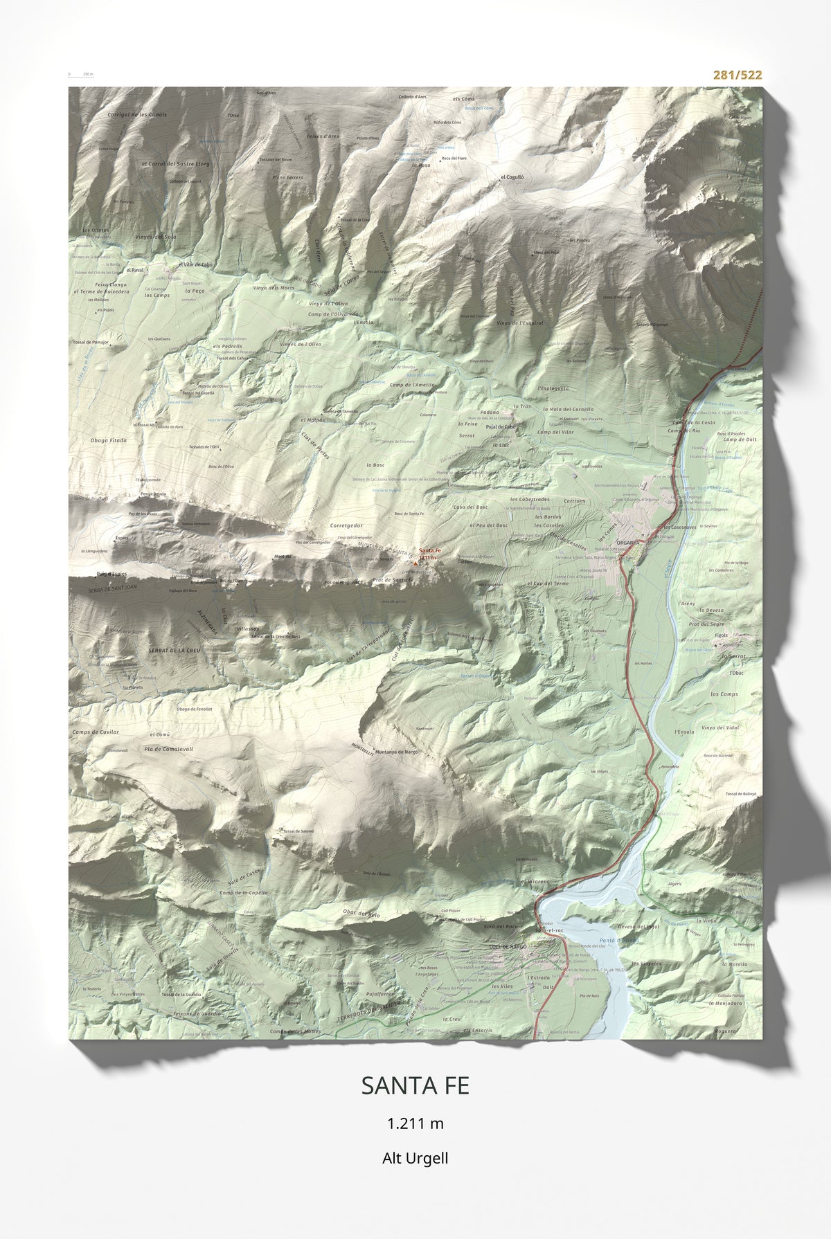 Mapa de relieve de Santa Fe, 1211 m, Alt Urgell, lámina 100 Cims de Trobart 61 × 91 cm.