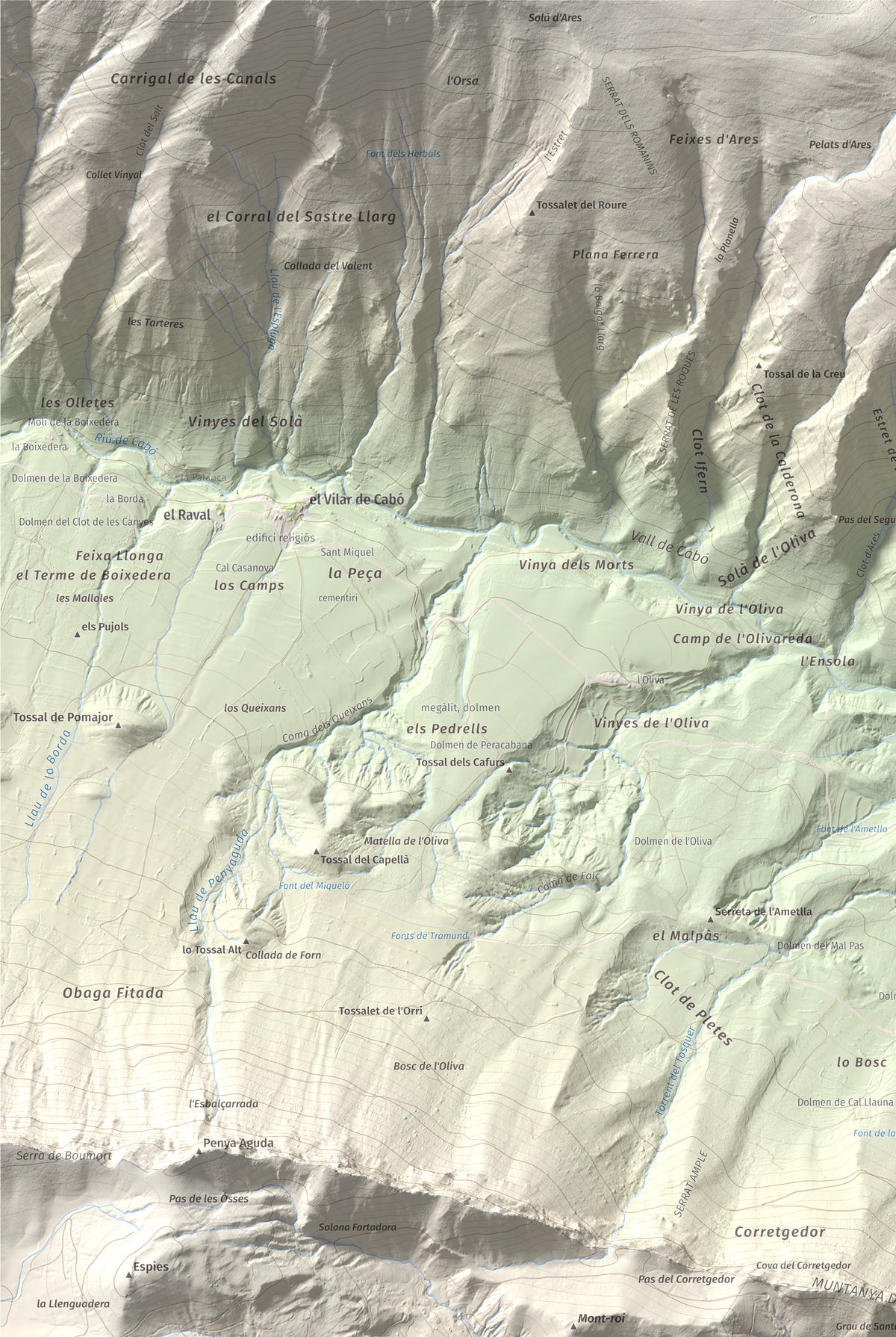 Mapa de relieve de Santa Fe, 1211 m, Alt Urgell, lámina 100 Cims de Trobart. Detalle de la zona superior izquierda. 61 × 91 cm.