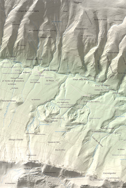 Mapa de relieve de Santa Fe, 1211 m, Alt Urgell, lámina 100 Cims de Trobart. Detalle de la zona superior izquierda. 61 × 91 cm.