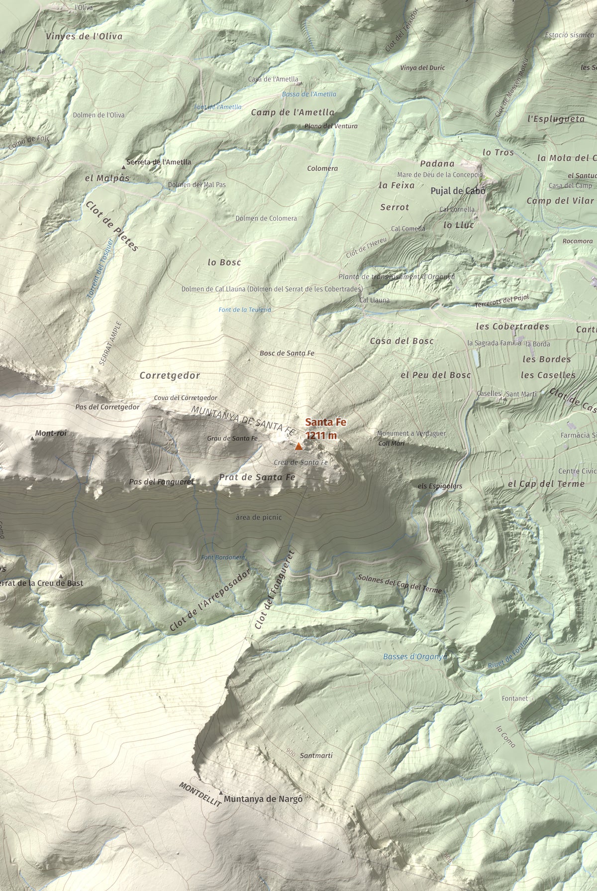 Mapa de relieve de Santa Fe, 1211 m, Alt Urgell, lámina 100 Cims de Trobart. Detalle de la zona central. 61 × 91 cm.