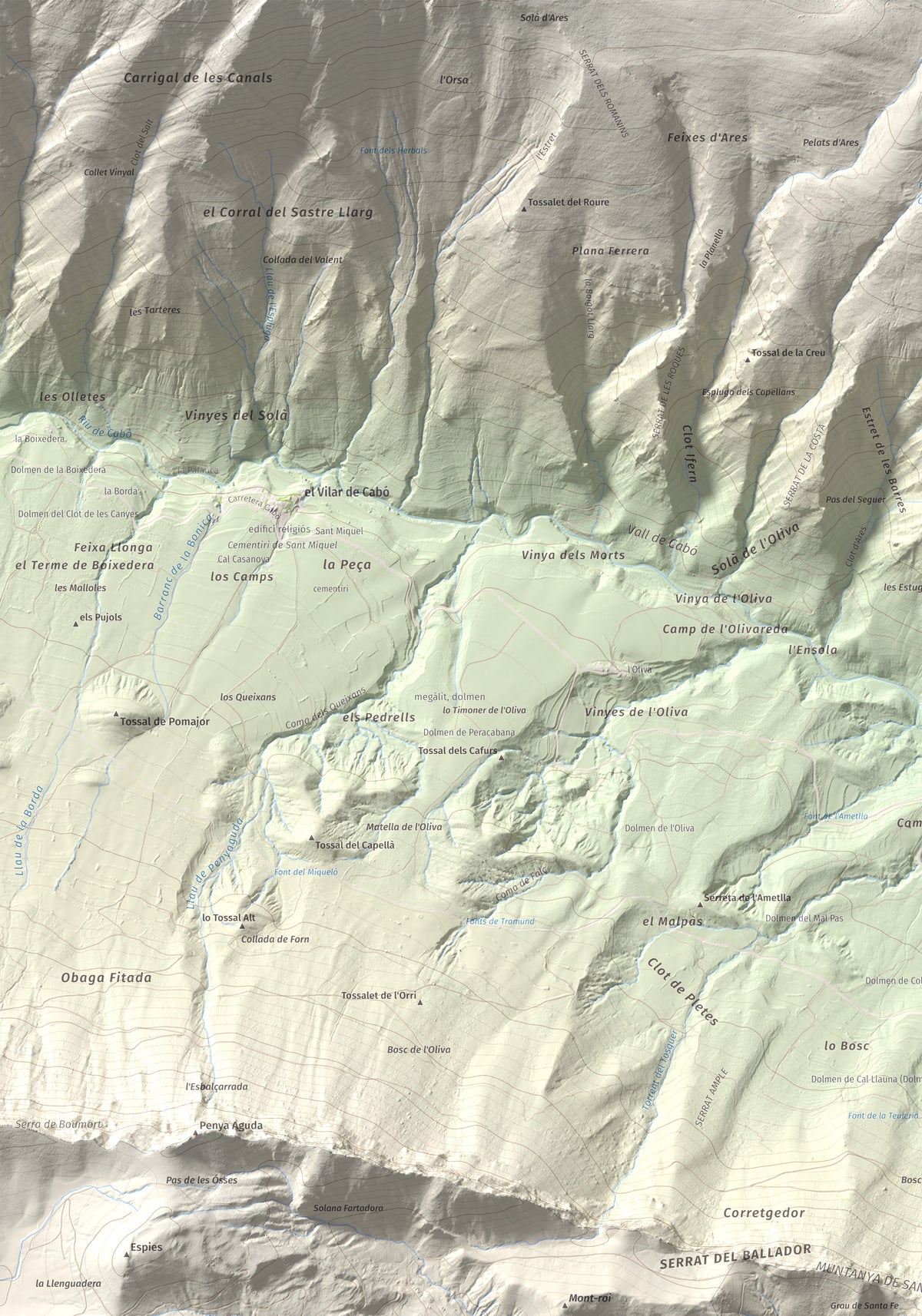 Mapa de relieve de Santa Fe, 1211 m, Alt Urgell, lámina 100 Cims de Trobart. Detalle de la zona superior izquierda. 70 × 100 cm.