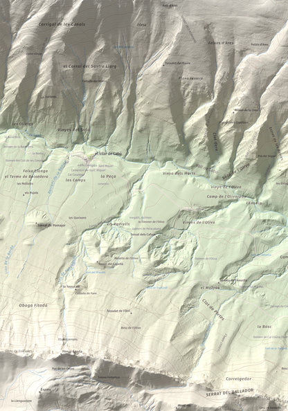 Mapa de relieve de Santa Fe, 1211 m, Alt Urgell, lámina 100 Cims de Trobart. Detalle de la zona superior izquierda. 70 × 100 cm.