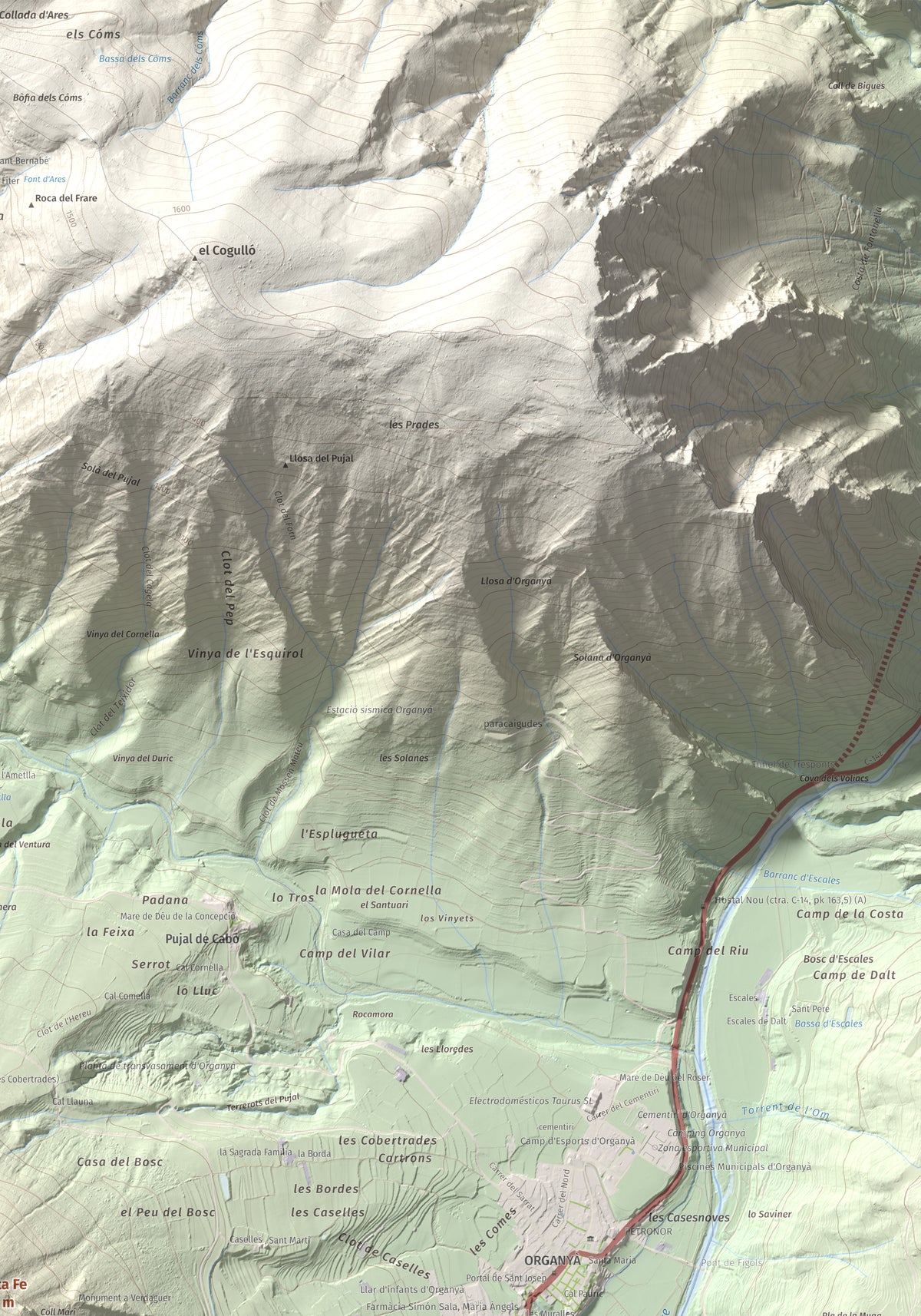 Mapa de relieve de Santa Fe, 1211 m, Alt Urgell, lámina 100 Cims de Trobart. Detalle de la zona superior derecha. 70 × 100 cm.