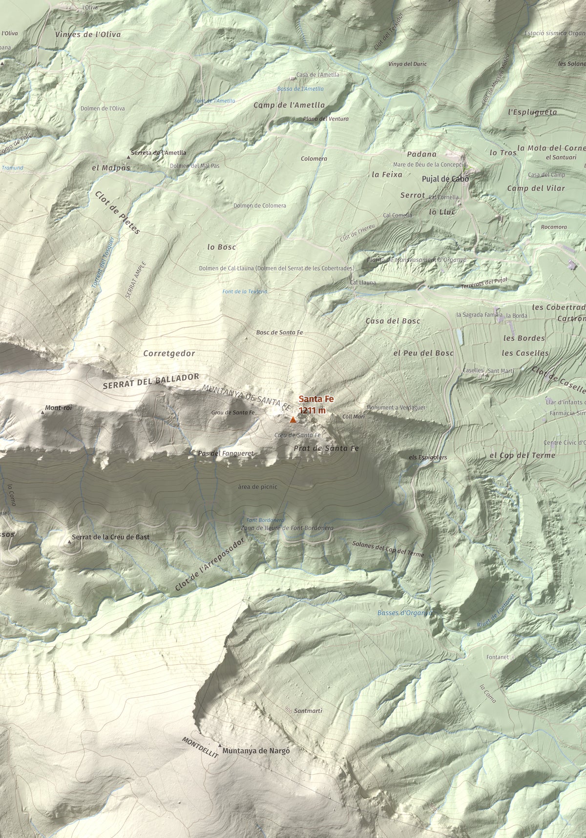 Mapa de relieve de Santa Fe, 1211 m, Alt Urgell, lámina 100 Cims de Trobart. Detalle de la zona central. 70 × 100 cm.