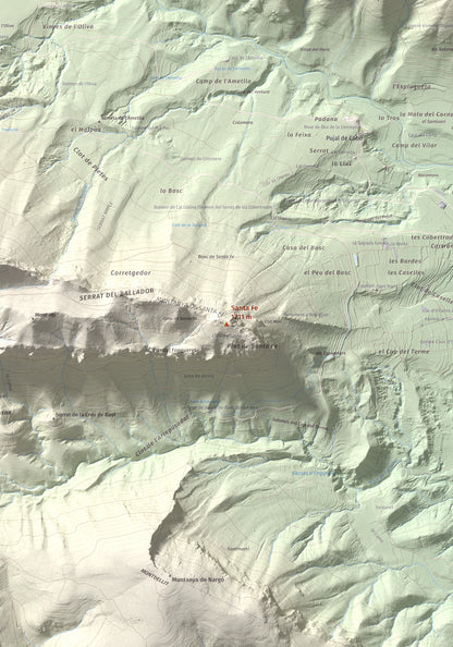 Mapa de relieve de Santa Fe, 1211 m, Alt Urgell, lámina 100 Cims de Trobart. Detalle de la zona central. 70 × 100 cm.